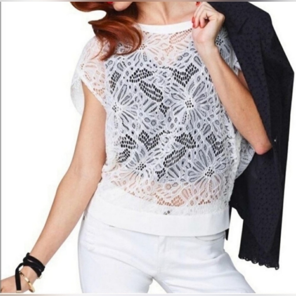 CABI Ole Floral Lace Boxy Cropped Top Size Medium